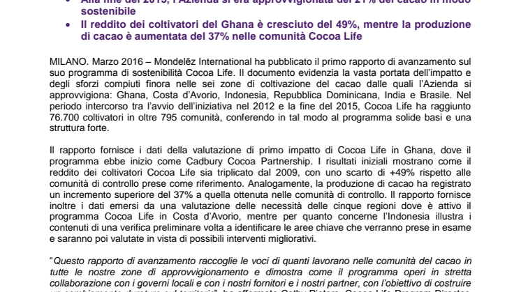 Mondelēz International annuncia notevoli progressi nel Programma Di Sostenibilità Cocoa Life