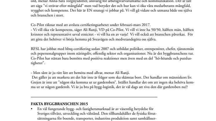 Dags att riva garderoben - Co-Pilot först i byggbranschen att HBTQ-certifieras