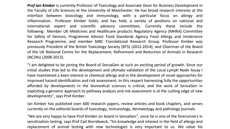 Ian Kimber joins the board of SenzaGen AB 