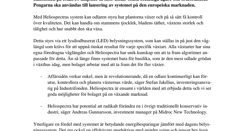 Midroc New Technology och Industrifonden investerar i Heliospectra