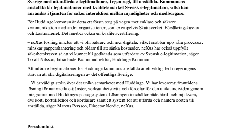 Nexus gör Huddinge kommun till pionjär för  Svensk e-legitimation