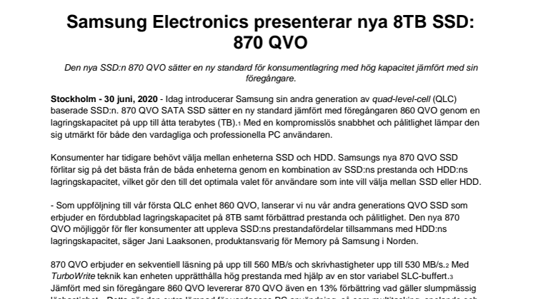 Samsung Electronics presenterar nya 8TB SSD: 870 QVO