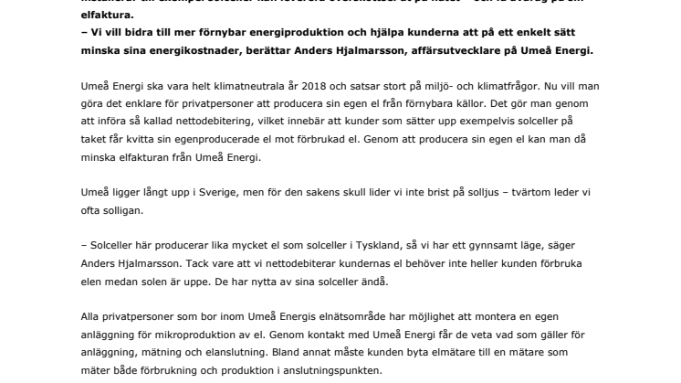 Umeå Energi gör det lättare för kunderna att producera egen förnybar el
