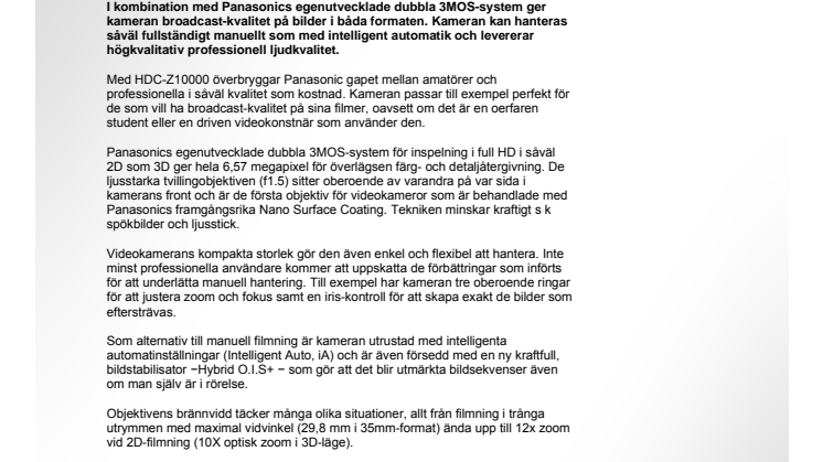 Semi-Pro videokamera med broadcast-kvalitet för 2D och 3D