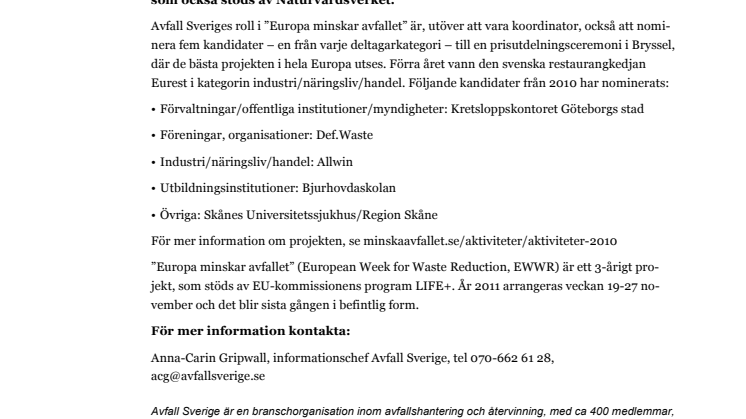 Fem nominerade till prisutdelningen för bästa projekt i ”Europa minskar avfallet” 