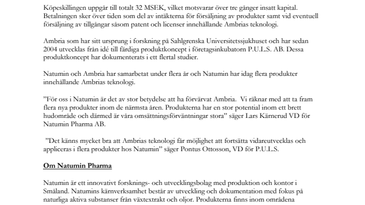 Natumin Pharma AB har förvärvat Ambria Dermatology AB i sin helhet