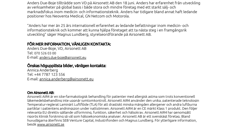Airsonett AB har utsett Anders Due-Boje till företagets nya VD 