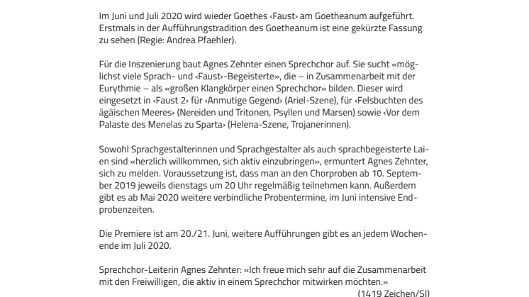 «Tönet laut in schärfern Tönen». ​Aufruf: Mitwirken beim Sprechchor für ‹Faust am Goetheanum› 2020