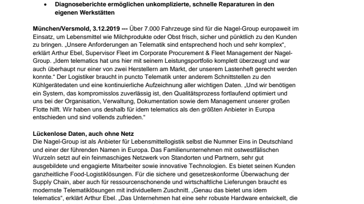 idem telematics und Nagel Group: Kompromisslos zuverlässige Telematik für komplexe Anforderungen