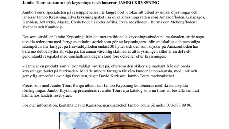 Jambo Tours storsatsar på kryssningar och lanserar JAMBO KRYSSNING