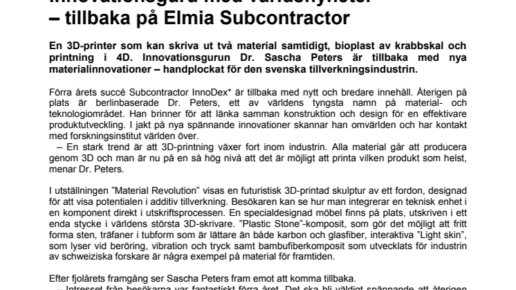 Innovationsguru med världsnyheter  – tillbaka på Elmia Subcontractor
