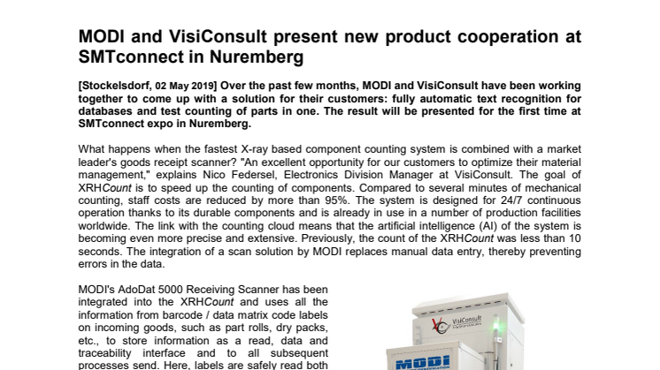 MODI and VisiConsult present new product cooperation at SMTconnect in Nuremberg