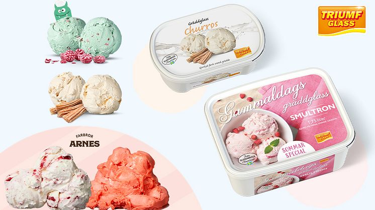 Från vänster. Karamellmonster, Churros, Farbror Arnes Jordgubb Cheesecake, Farbror Arnes Blodapelsin, Gräddglass Churros 0,5l och Gammaldags gräddglass smultron – sommar special