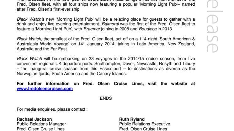Fred. Olsen Cruise Lines unveils Black Watch’s  new ‘Morning Light Pub’