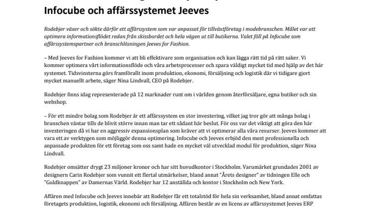 Svenska modeföretaget Rodebjer väljer Infocube och affärssystemet Jeeves 