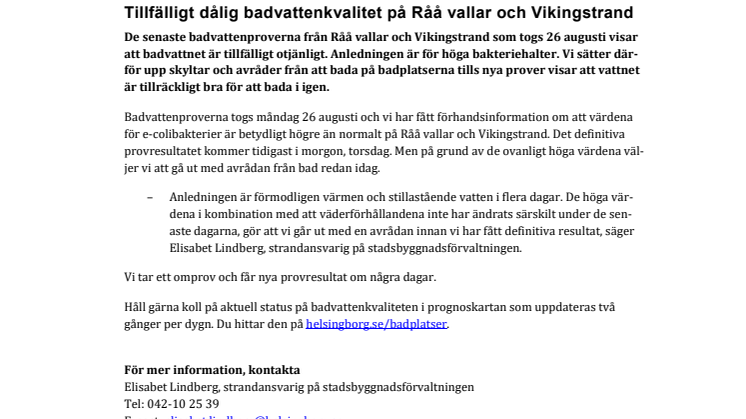 Tillfälligt dålig badvattenkvalitet på Råå vallar och Vikingstrand