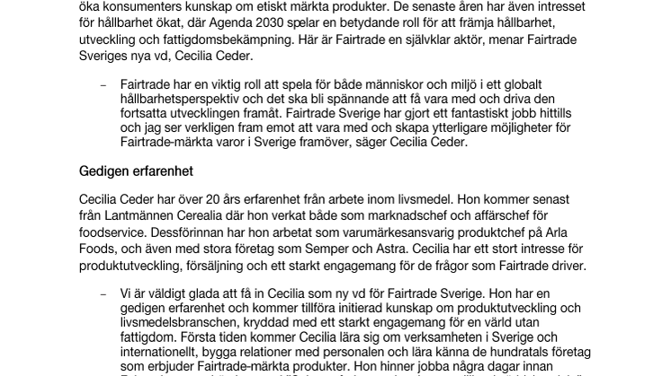 Cecilia Ceder ny vd för Fairtrade Sverige