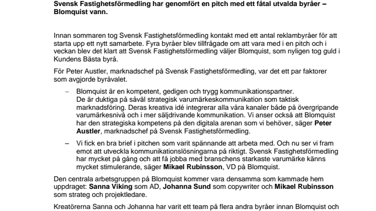 Svensk Fastighetsförmedling väljer Blomquist