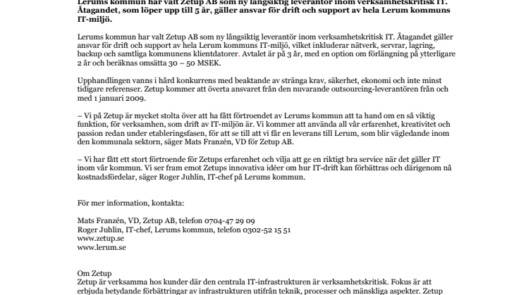 Lerums kommun väljer Zetup som ny leverantör av drift och support av kommunens IT-miljö 