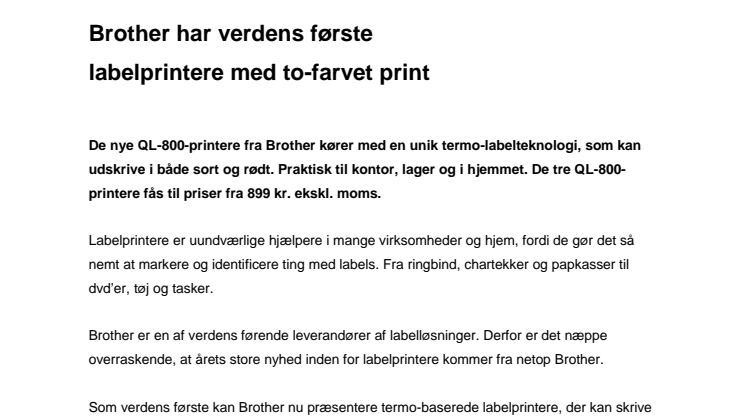 Brother har nu labelprintere med to-farvet print