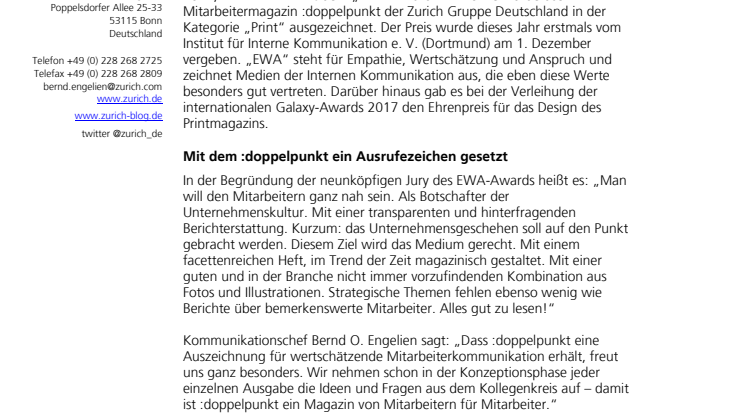 Medienpreis für Interne Kommunikation für Zurich: Mitarbeitermagazin :doppelpunkt gewinnt Bronze
