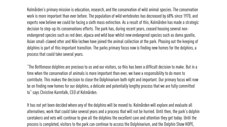 Kolmården Wildlife Park in Sweden to gradually cease the keeping of Bottlenose dolphins to focus on the conservation of endangered species.pdf