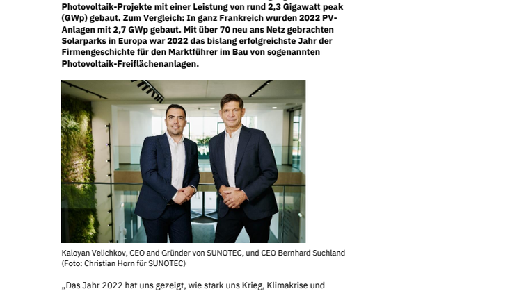 Pressemitteilung: Rekordjahr: SUNOTEC baut Solarparks mit einer Leistung von 2,3 Gigawatt