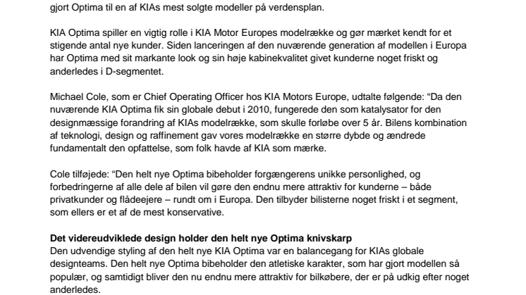 Den helt nye elegante KIA Optima med en førsteklasses kabine og banebrydende teknologi