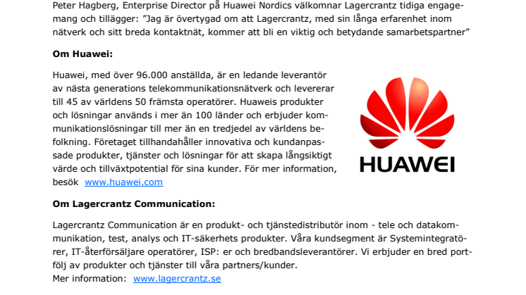 Distributören Lagercrantz Communication och Huawei  satsar gemensamt mot företagsmarknaden