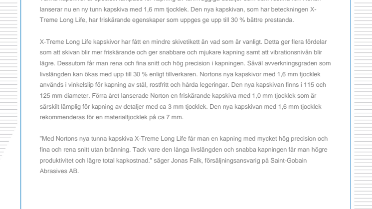 Norton lanserar tunna kapskivor med friskärande egenskaper