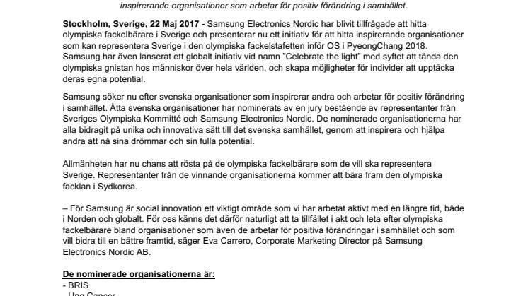 Åtta svenska organisationer är nominerade till den olympiska fackelstafetten inför OS i PyeongChang 2018