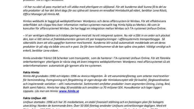 Himla AB startar försäljning via e-handel och väljer Unifaun Online som TA-system