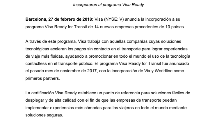 Visa amplía su red global de partners para promover la tecnología contactless en el transporte público