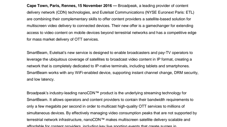 Eutelsat and Broadpeak® combine skills for satellite delivery of live TV and VOD to mobile devices