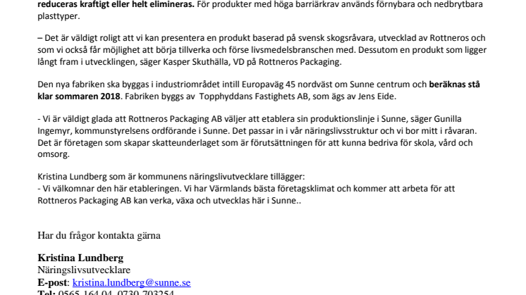 Rottneros Packaging AB satsar på ny fabrik i Sunne