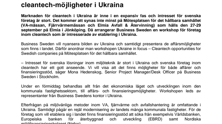 Business Sweden kommer till Elmia för att diskutera  cleantech-möjligheter i Ukraina