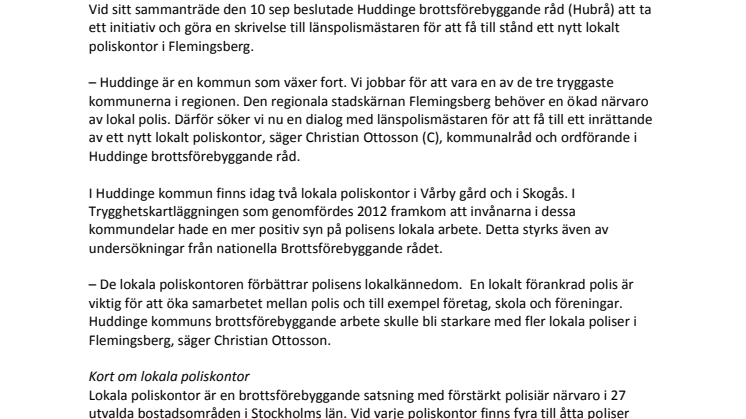 Huddinge skriver till länspolismästaren för nytt poliskontor i Flemingsberg