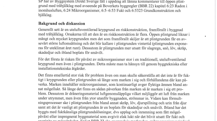 SP rapport - Öppen plintgrund till modulhus är en riskkonstruktion
