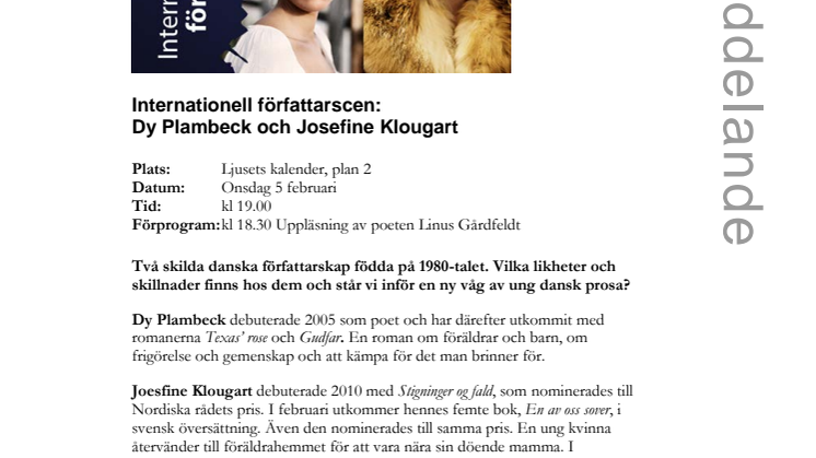 Internationell författarscen på Stadsbiblioteket i Malmö: Dy Plambeck och Josefine Klougart