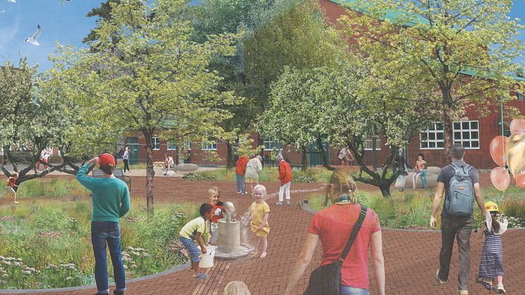 Visionsbild över ett av Sege Parks torg. I bakgrunden syns en av de befintliga byggnaderna som kommer att behållas. Illustration: Tyrens