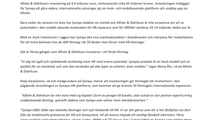 Alfvén & Didrikson investerar mer än 43 miljoner i finska HR-bolaget Sympa