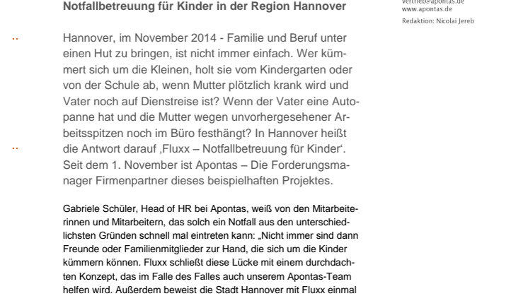 Apontas ist neuer Fluxx-Partner: Notfallbetreuung für Kinder in der Region Hannover