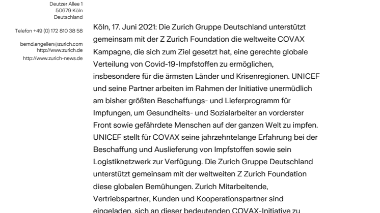Zurich unterstützt gemeinsam mit der Z Zurich Foundation die UNICEF Initiative für weltweite Impfstoffversorgung 