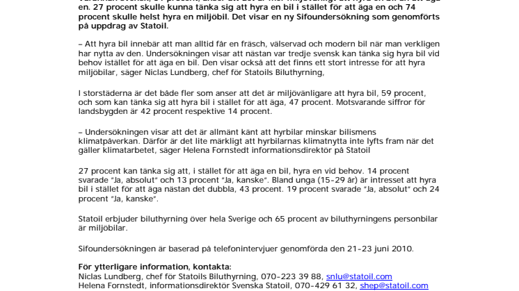 Varannan anser att hyrbil är miljövänligare än egen bil