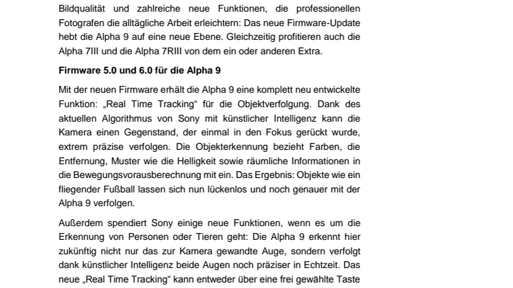 Große Firmware-Updates für die Alpha 9,  A7R III und die A7 III