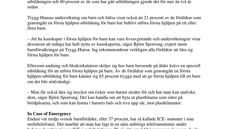 7 av 10 föräldrar har aldrig gått första hjälpen-utbildning för barn