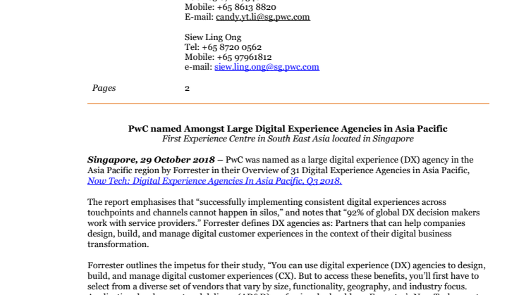 PwC named Amongst Large Digital Experience Agencies in Asia Pacific