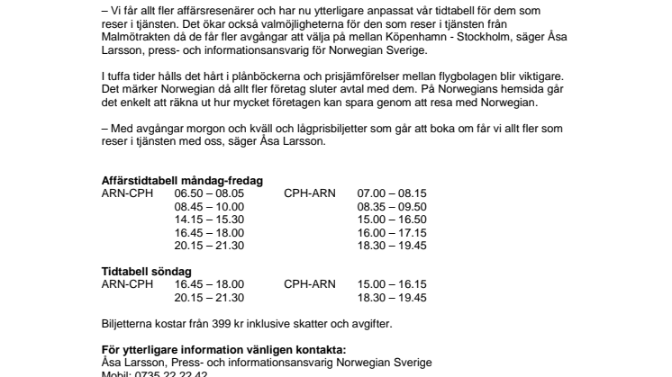 Norwegian ökar kapaciteten mellan Kastrup och Arlanda - Skärper kampen om affärsresenärerna i Malmö