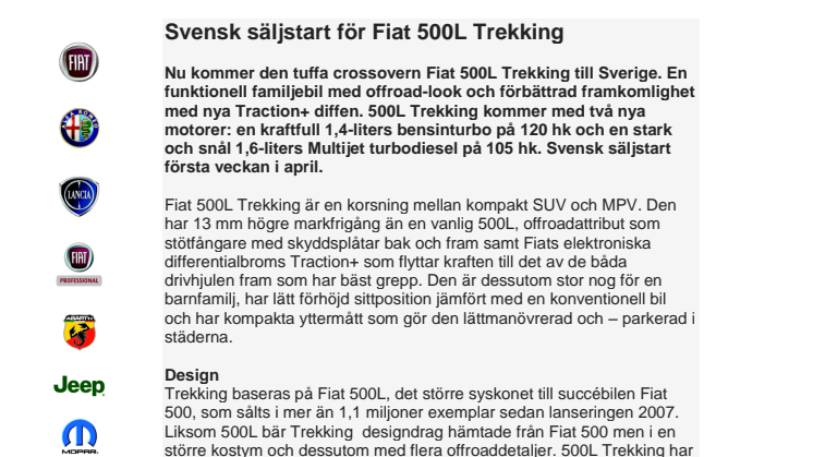 Svensk säljstart för Fiat 500L Trekking 