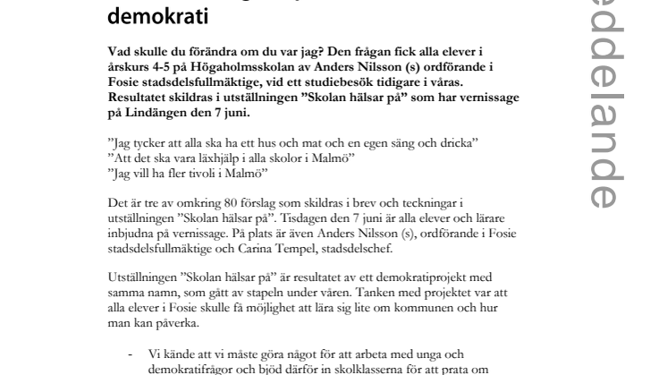 Vernissage för ”Skolan hälsar på” – en elevutställning om påverkan och demokrati 